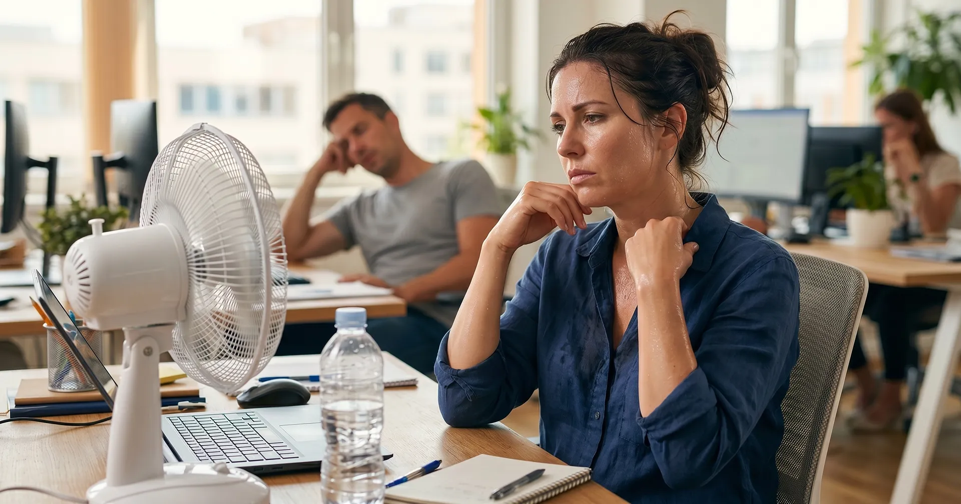 Extreme hitte op de werkvloer; vrouw op kantoor achter een ventilator
