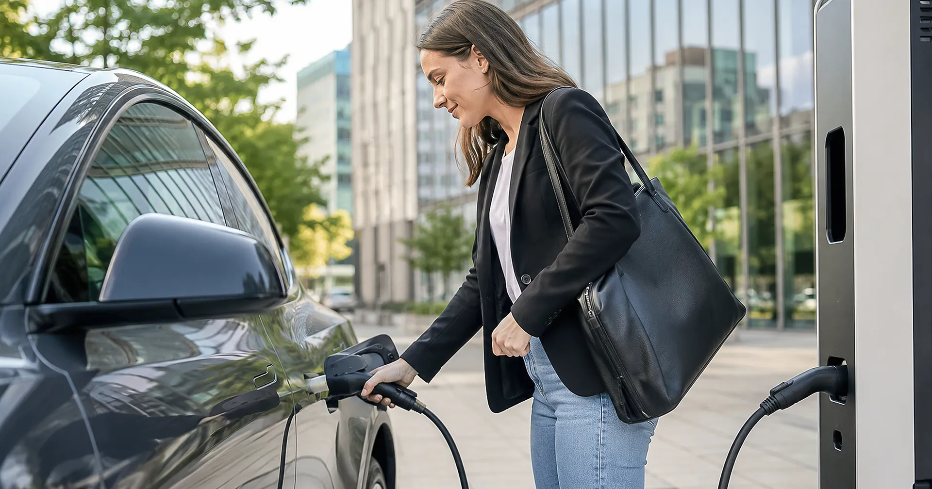 Vrouw staat voor een kantoor gebouw en laad haar elektrische auto op aan een laadpaal