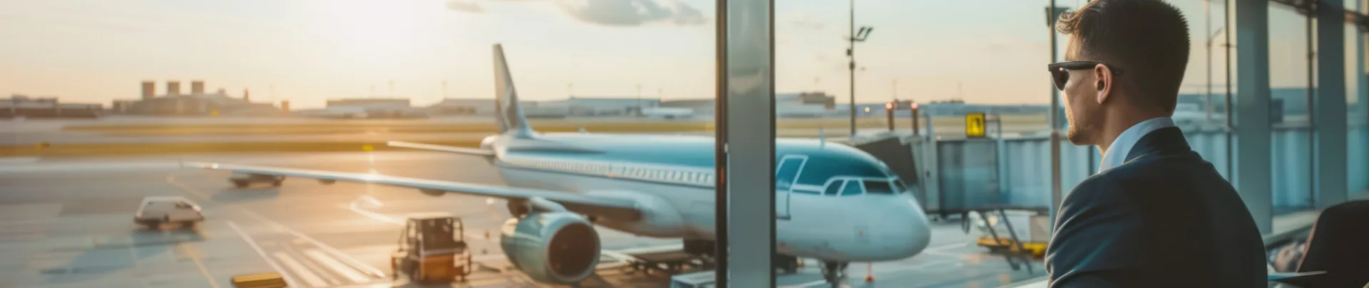 Zakenman wacht op een vlucht en zit in de boarding lounge van de luchtvaartmaatschappij, uitzicht vanaf het glazen raam van de luchthaventerminal met uitzicht op een vliegtuig.