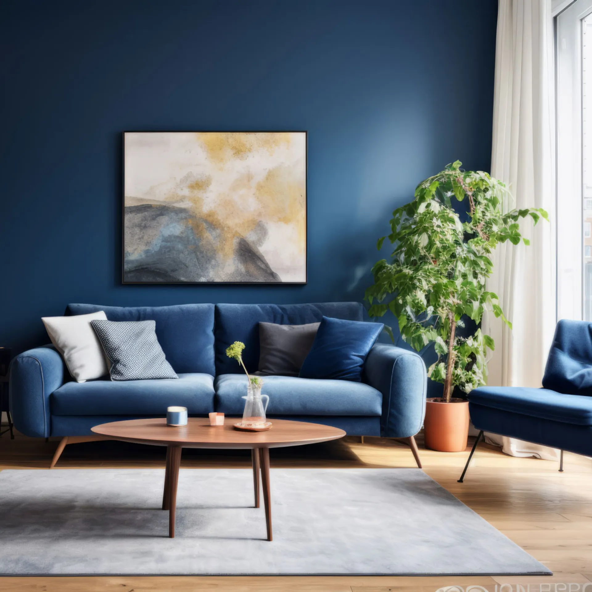 Interieurmodel met blauwe bank en een poster aan de muur, houten tafel en decor in een blauwe woonkamer.