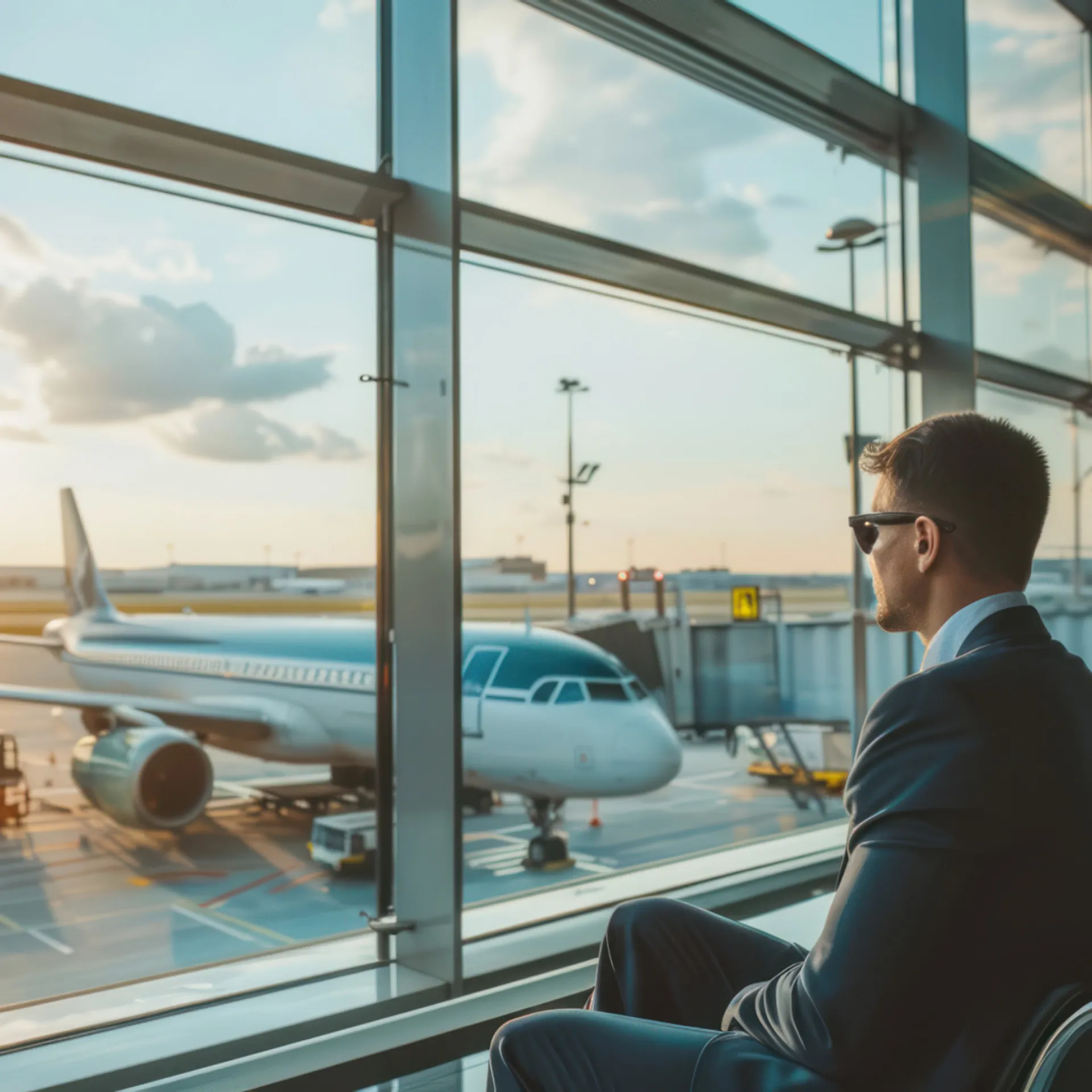 Zakenman wacht op een vlucht en zit in de boarding lounge van de luchtvaartmaatschappij, uitzicht vanaf het glazen raam van de luchthaventerminal met uitzicht op een vliegtuig.